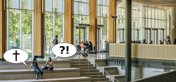 students in college common area, one is a Christian, one is surprised